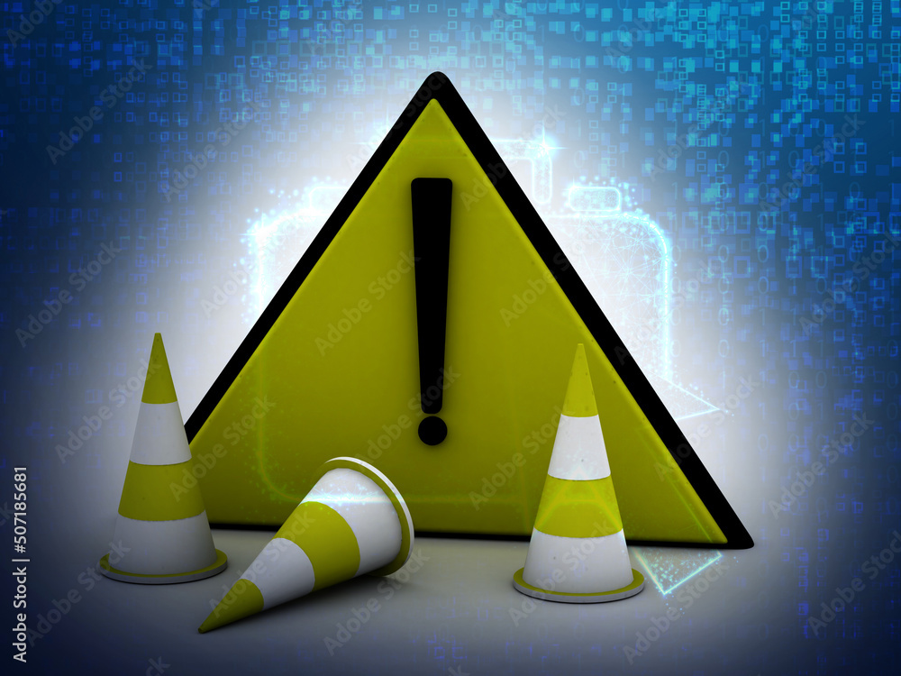 Poster 3d rendering alert sign with traffic corn digital background