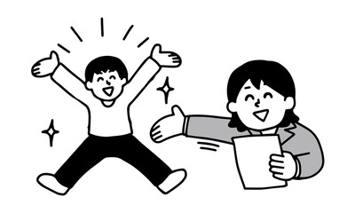 スーツを着た若い女性に推薦・採用・選ばれる私服の若い男性