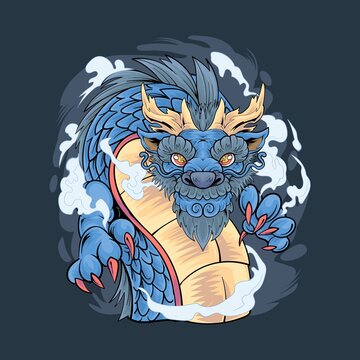 Blue chinese dragon head Illustration Premium vector