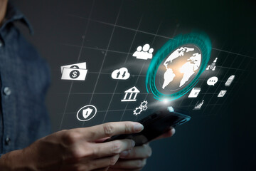 Businessman using smart phone to do online transactions with internet technology, concept of global data connection by internet technology, big data, searching for information, online marketing
