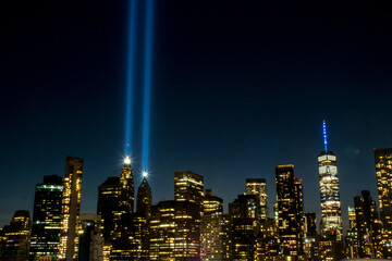 The Tribute in Light shines 4 miles into the sky from Lower Manhattan, with the One World Trade...