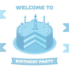 Naklejka premium Birthday cake with candles. Birthday card for boy one year