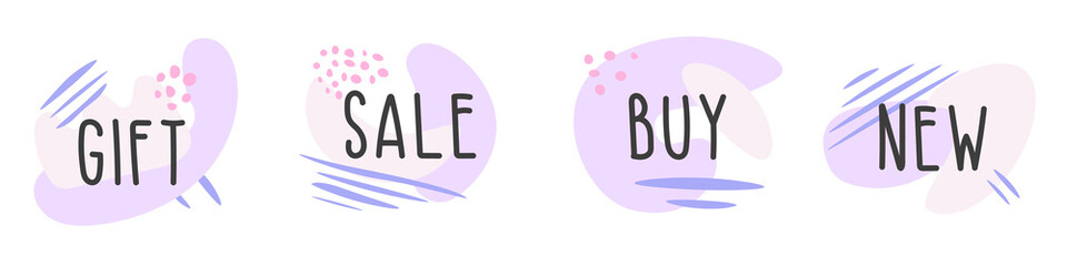 Set of flat icon template with text Sale, Buy, New, Gift in purple and dark gray with shapes, lines and dots for web, posters, stickers