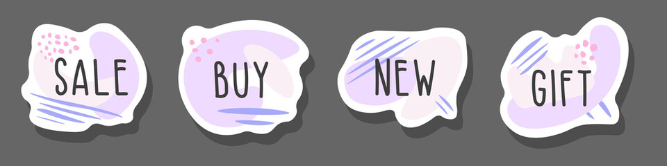 Set of flat icon template with text Sale, Buy, New, Gift in purple and dark gray with shapes, lines and dots for web, posters, stickers
