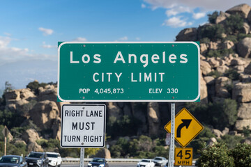 Los Angeles city limit sign on Topanga Canyon Blvd in Chatsworth, California.  Stoney Point park is...