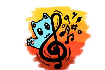 Musical Note with sunset theme and adorable blue cat Illustration