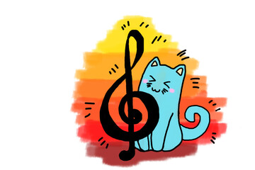 Musical Note with sunset theme and adorable blue cat Illustration