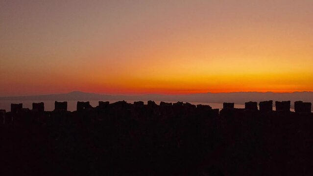 Aerial view of Kapetanakis Tower at dusk in Messinia region, Greece
