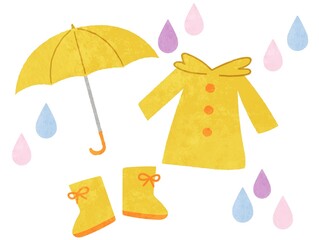 雨の日の傘とレインコート・長靴のイラスト素材