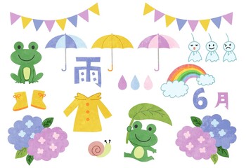 梅雨・雨の日のイラスト素材セット　主線なし
