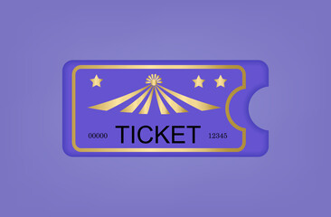 3d purple ticket icon. Access to the circus, coupon, individual entry pass. Buy one ticket to a circus, cinema, show, entertainment event, concert. Unique number on the label, access. Vector 