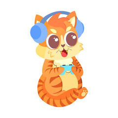 Isolated happy cute cat character playing videogames with joystick Vector illustration