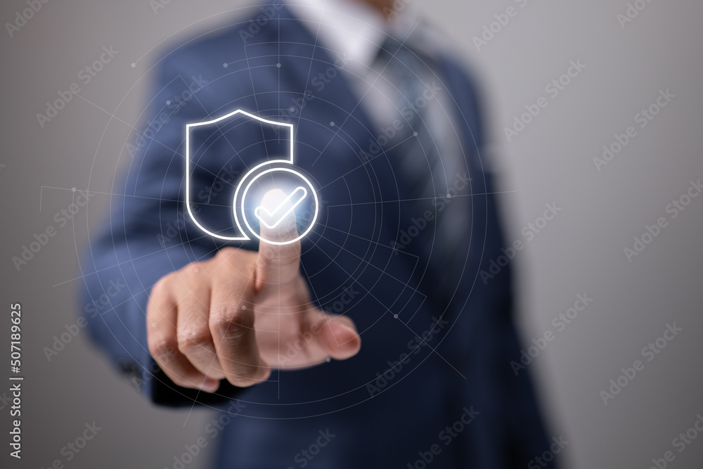 Aufkleber businessman pushing identity proving icon for security protection systems on screen for certified gu