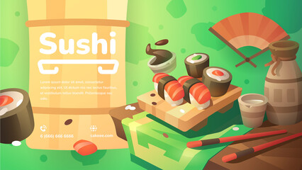 Sushi on a bamboo substrate with a place for text