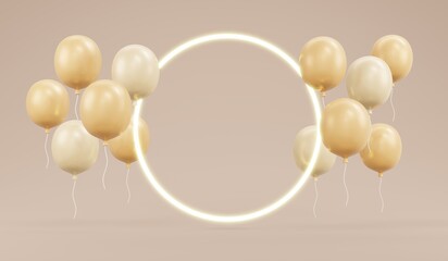 3D rendering concept of balloon luxury beige color theme with space for advertising on background for commercial design. 3D render cartoon illustration.
