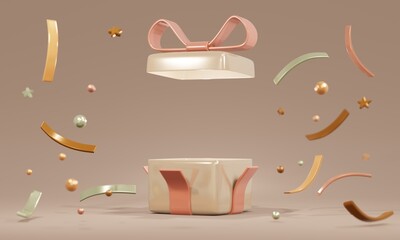 3D rendering concept of a present box opens up to show blank space and luxury beige color geometric confetti elements inside for commercial design. 3D render cartoon illustration.
