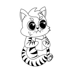 Isolated happy cute cat character reading a book Vector illustration