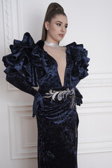 beautiful girl in an evening dress in the studio