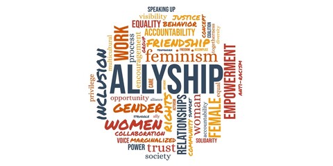 Allyship concept word cloud circle on white background. Solidarity for women in inclusive community, work equality