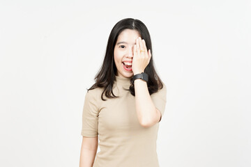 Fototapeta premium Smile and Covering Half Face Of Beautiful Asian Woman Isolated On White Background