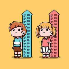 happy cute kid boy and girl measure height together vector