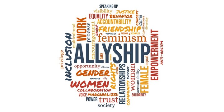 Allyship Concept Word Cloud Circle On White Background. Solidarity For Women In Inclusive Community, Work Equality