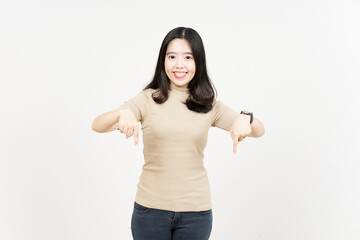 Pointing down and showing blank copy space Of Beautiful Asian Woman Isolated On White Background
