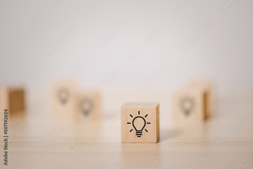 Poster wooden blocks with thinking and idea icon. concept for creative and design solution.