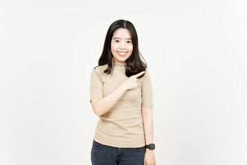 Showing Product and Pointing Side Of Beautiful Asian Woman Isolated On White Background