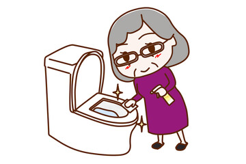 （全身斜め）頑張ってトイレをピカピカに綺麗に掃除した高齢の女性