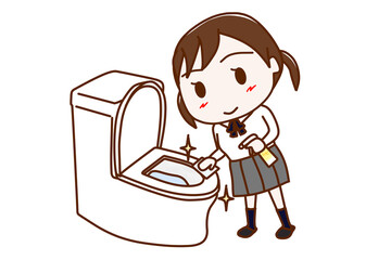 （全身斜め）頑張ってトイレをピカピカに綺麗に掃除した女子学生