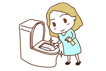 （全身斜め）頑張ってトイレをピカピカに綺麗に掃除した白人女性
