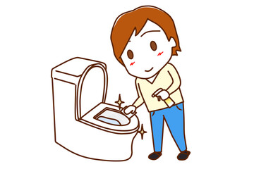 （全身斜め）頑張ってトイレをピカピカに綺麗に掃除した白人男性