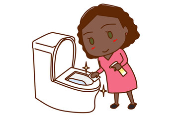 （全身斜め）頑張ってトイレをピカピカに綺麗に掃除したアフリカ系女性