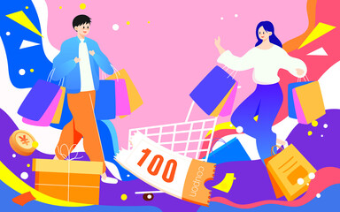 Boys and girls are shopping with shopping bags, 618 e-commerce shopping festival, vector illustration