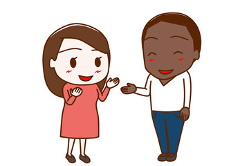 （全身斜め）東洋人の女性と笑顔で楽しく会話をするアフリカ系男性