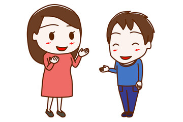 （全身斜め）東洋人の女性と笑顔で楽しく会話をする少年