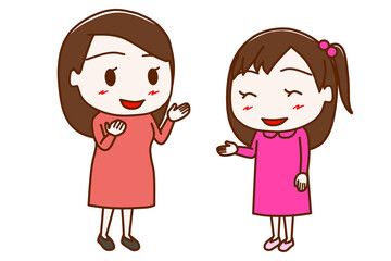 （全身斜め）東洋人の女性と笑顔で楽しく会話をする少女