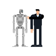 Man and robot. Businessman and cyborg. Robot will replace human.
