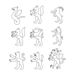 Obraz premium Heraldic animal set linear style. Panther, camel. Goat, Hydra and Enfield. Fox, wolf and Alphyn. Deer, camel and Yale. Salamndra, goat and Amphiptere. Fantastic Beast. Heraldry design element.