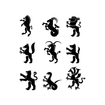 Heraldic animal set silhouette. Panther, camel. Goat, Hydra and Enfield. Fox, wolf and Alphyn. Deer, camel and Yale. Salamndra, goat and Amphiptere. Fantastic Beast. Monster for coat of arms. 