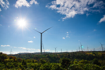 Wind turbine towers farm in a big field to generate electricity. Clean alternative energy concept to reduce global warming and climate change for sustainable growth.