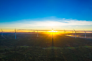 Obraz premium Wind turbine towers farm in a big field to generate electricity. Clean alternative energy concept to reduce global warming and climate change for sustainable growth.