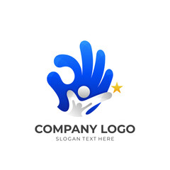 Fototapeta premium family care logo template, hand and people combination logo with 3d blue and yellow color style