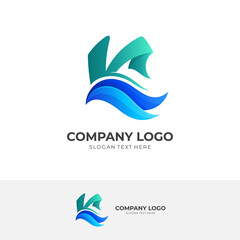 letter K wave logo design with 3d colorful style