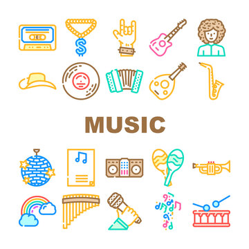 Music Genres Audio Performance Icons Set Vector. Classical And Country, Pop And Hip Hop, Jazz And Electronic, Disco And Funk Music Genres. Musical Entertainment And Performing Color Illustrations