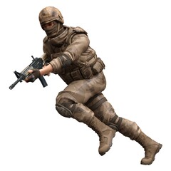 Soldier with a machine gun isolated white background 3d illustration