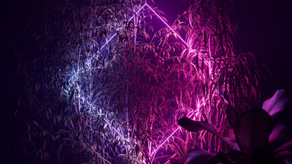Blue and Pink Neon Light with Tropical Leaves. Diamond shaped Fluorescent Frame in Nature Environment.