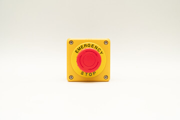 Stop Button and the Hand of Worker About to Press it. emergency stop button. Big Red emergency...