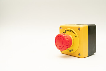 Stop Button and the Hand of Worker About to Press it. emergency stop button. Big Red emergency...